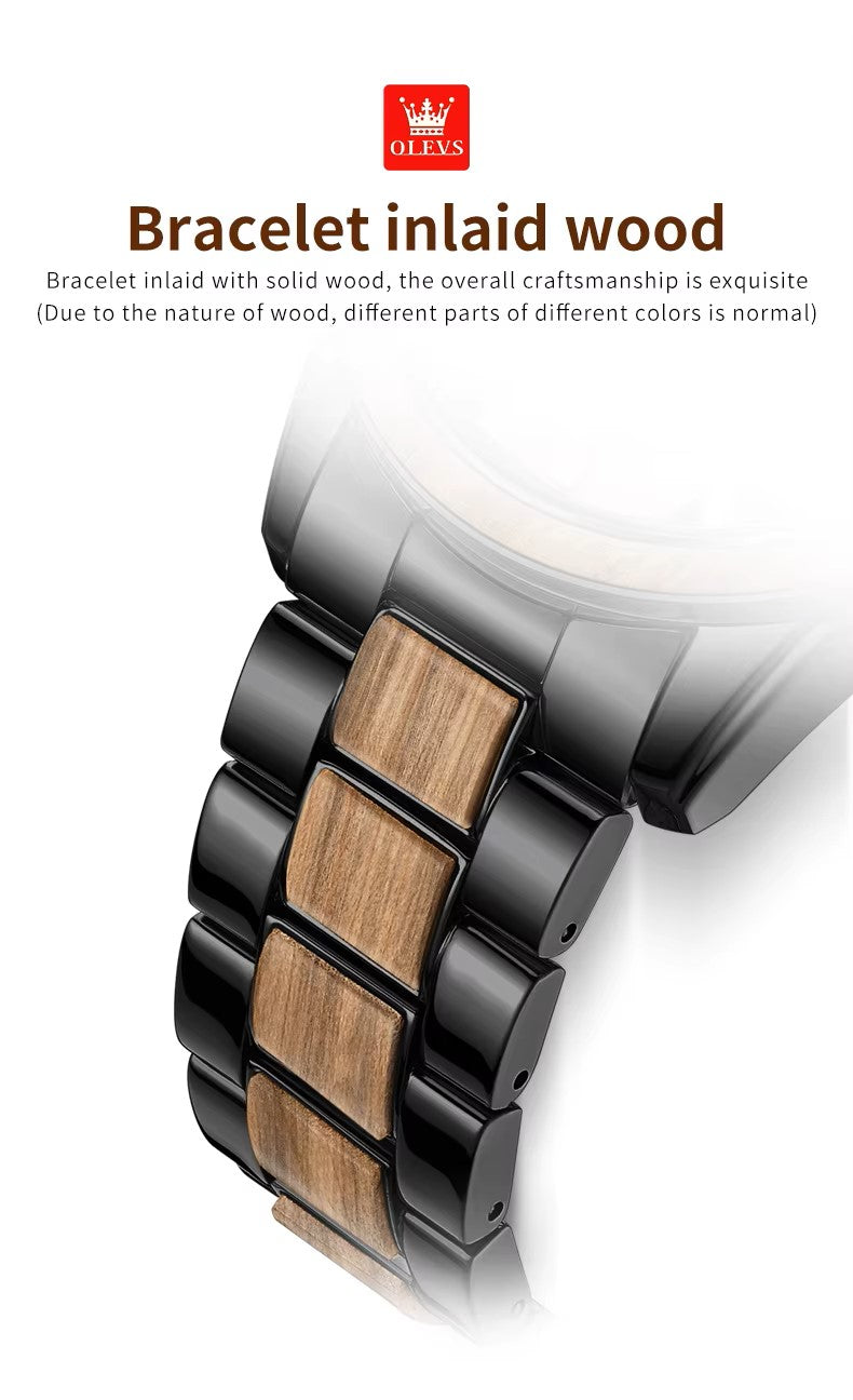 OLEVS 3645 Chronograph Luminous Hands Waterproof Stainless Textured Solid Wood Watch for Men's