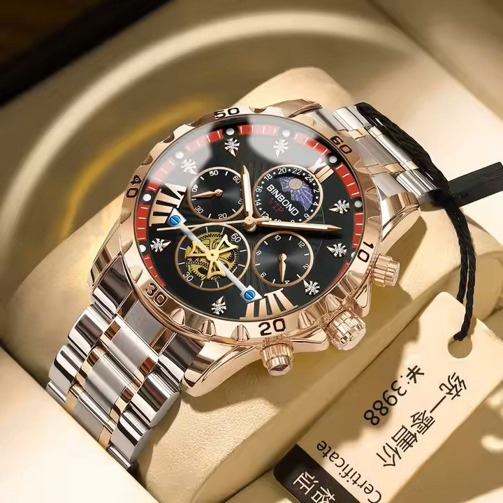 BINBOND Men's Fashion Watches Stainless Steel Quartz Watch for Men High Quality Luxury Waterproof Luminous Date Men Wristwatch