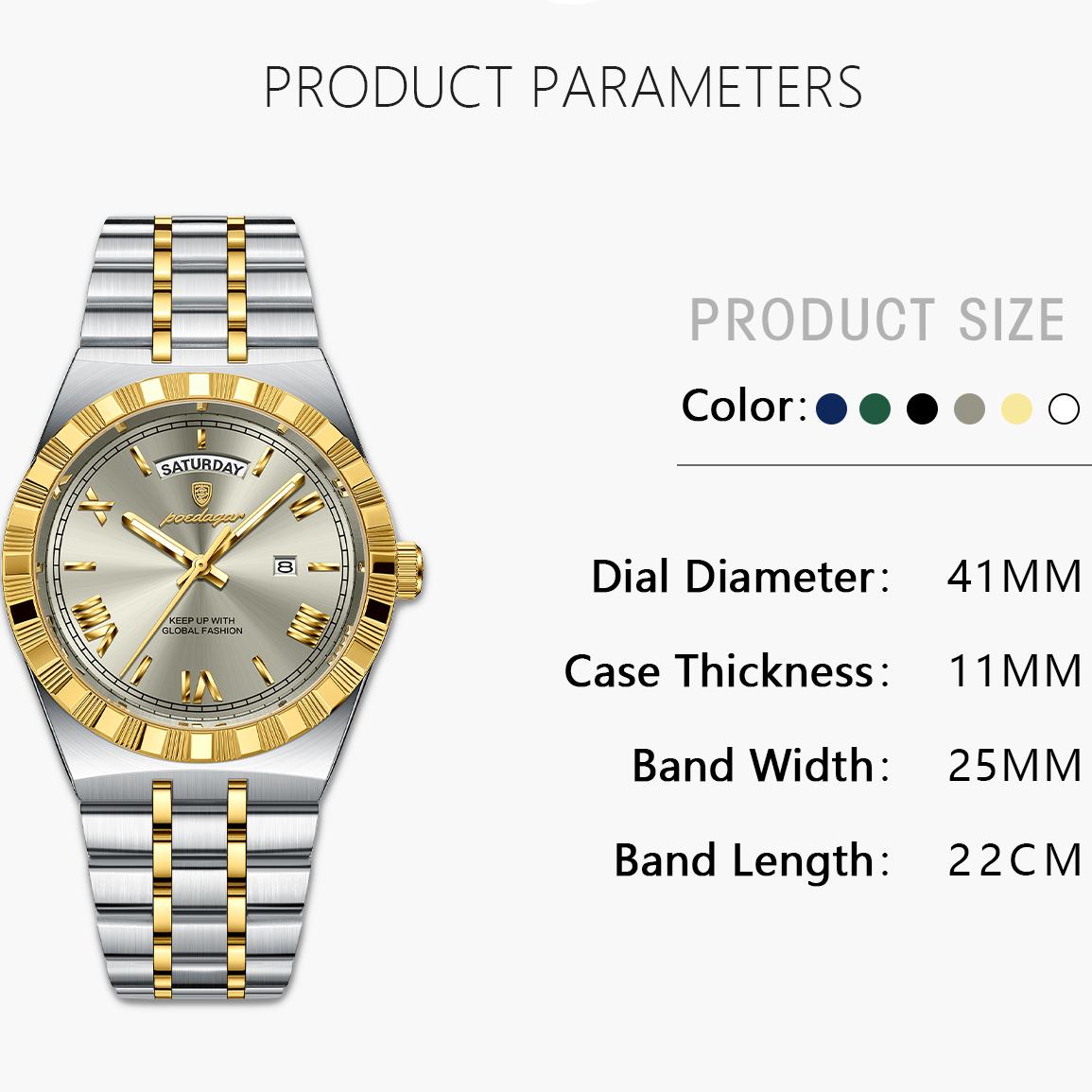 POEDAGAR 675 Men Wristwatch Stainless Steel Strap Quartz Luxury Top Classic Week Date Calendar Waterproof Luminous Watch for Man