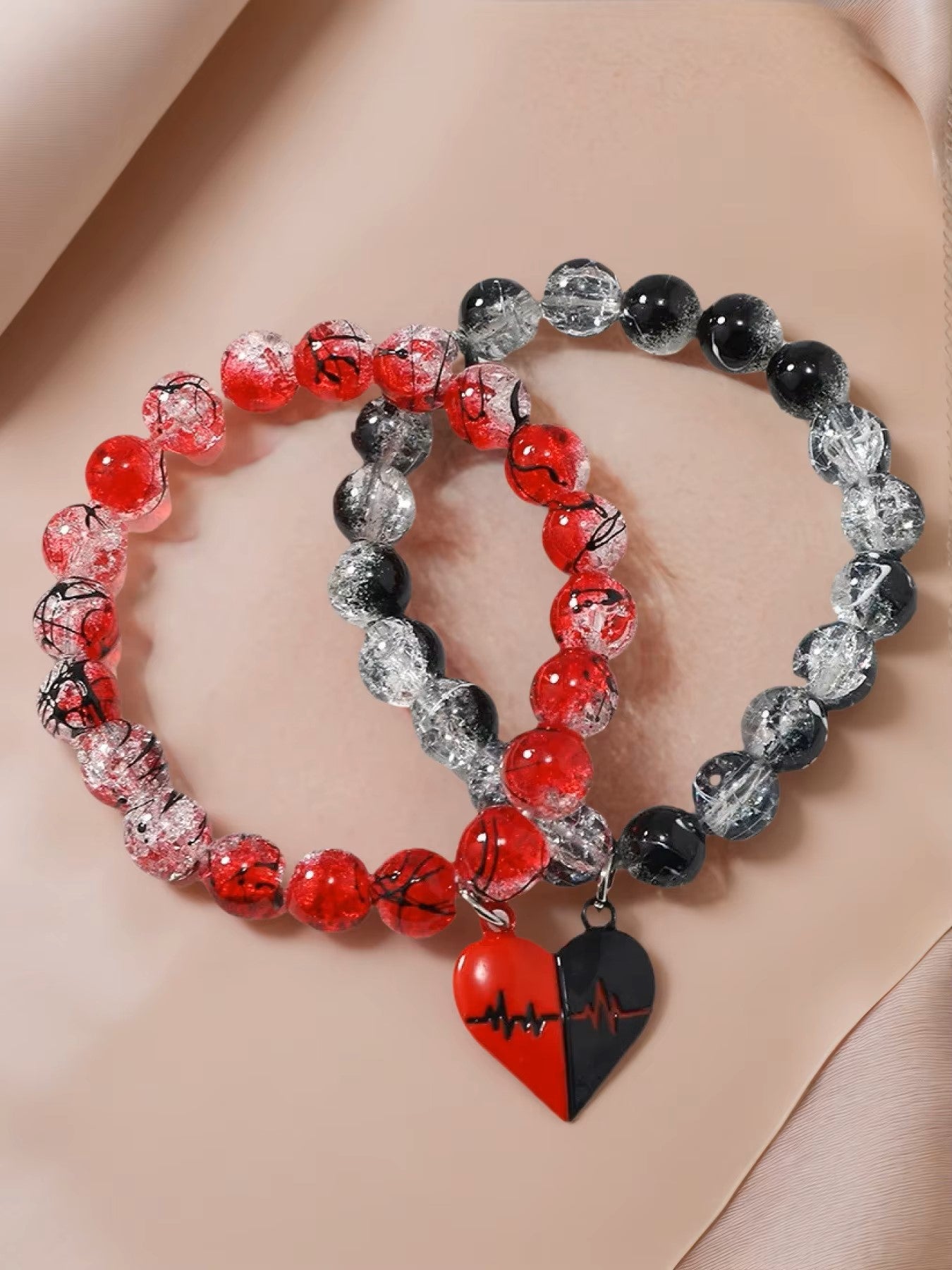 New Design 10MM Round Glass Bead Bracelet Magnetic Heart Bracelet for Couples