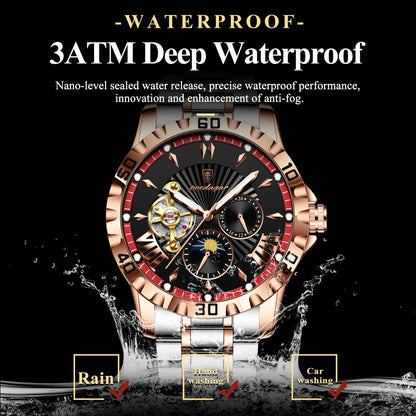 POEDAGAR 1415 Luxury Men Hollow Out Tourbillon Automatic Mechanical Waterproof Luminous Stainless Steel Watches For Men's