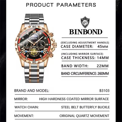 BINBOND Men's Fashion Watches Stainless Steel Quartz Watch for Men High Quality Luxury Waterproof Luminous Date Men Wristwatch