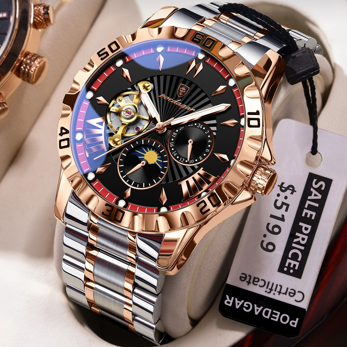 POEDAGAR 1415 Luxury Men Hollow Out Tourbillon Automatic Mechanical Waterproof Luminous Stainless Steel Watches For Men's