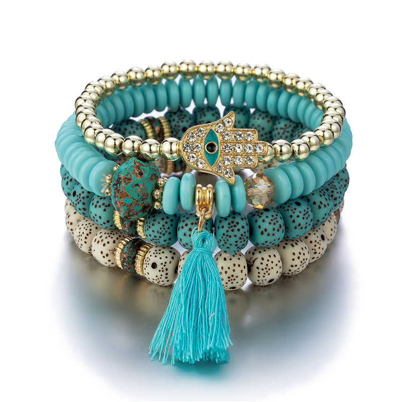 4 Pieces Stackable Crystal Bracelet Handmade Tassel Pendants Fine Bracelets for Women