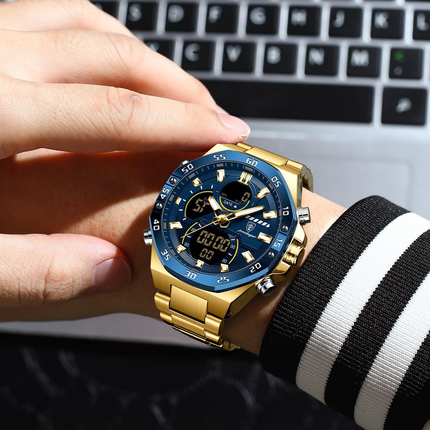 Poedagar E101 New Men Digital Watch LED Dual Time Display Waterproof Stainless Steel Watches For Men's