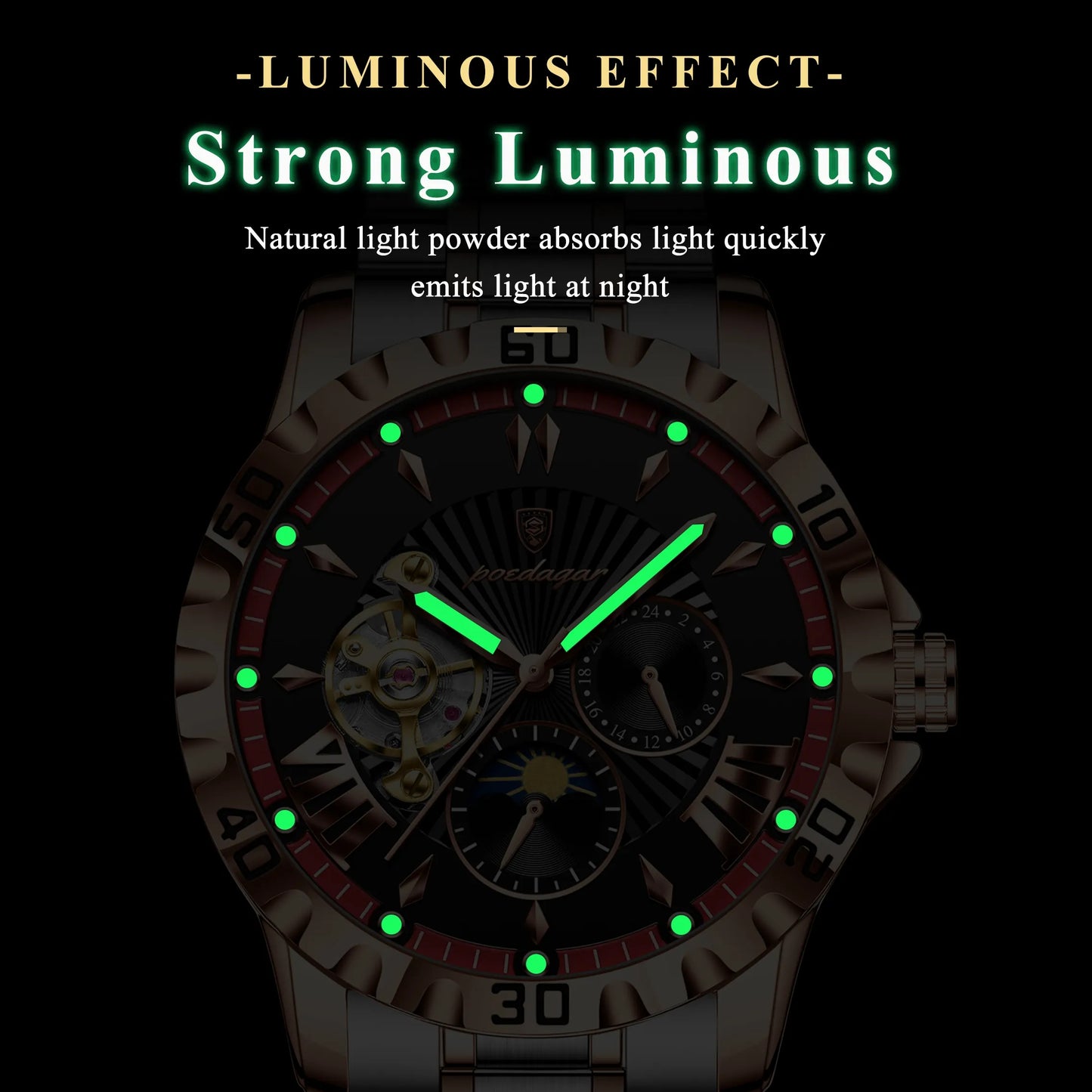 POEDAGAR 1415 Luxury Men Hollow Out Tourbillon Automatic Mechanical Waterproof Luminous Stainless Steel Watches For Men's