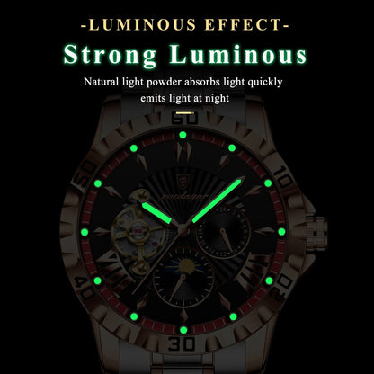 POEDAGAR 1415 Luxury Men Hollow Out Tourbillon Automatic Mechanical Waterproof Luminous Stainless Steel Watches For Men's