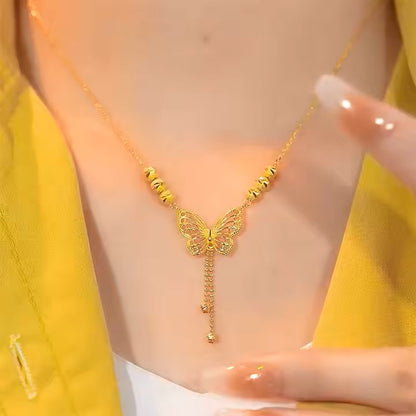 New Tassel Beads Butterfly Necklace Women's Light Luxury Simple All-match Elegant Hollow Necklace