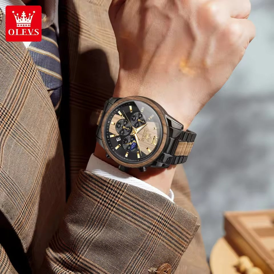 OLEVS 3645 Chronograph Luminous Hands Waterproof Stainless Textured Solid Wood Watch  for Men's