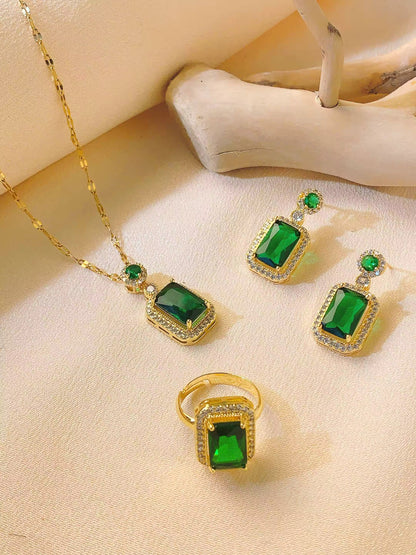 Luxurious Ruby Red and Green Jewelry Set – Elegant Gold-Plated Necklace, Earrings & Ring