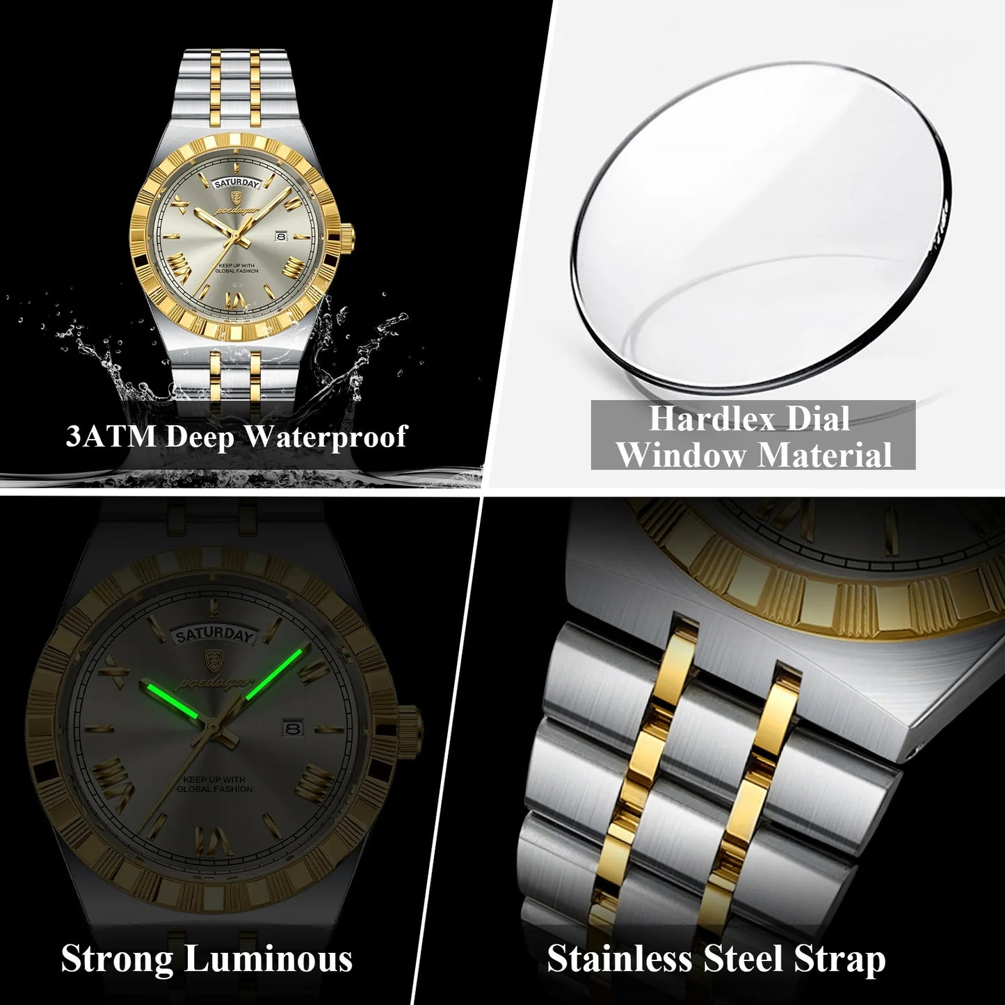 POEDAGAR 675 Men Wristwatch Stainless Steel Strap Quartz Luxury Top Classic Week Date Calendar Waterproof Luminous Watch for Man