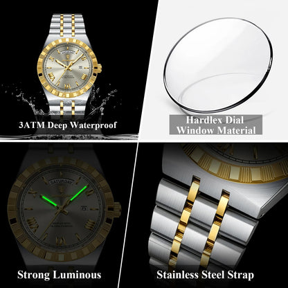 POEDAGAR 675 Men Wristwatch Stainless Steel Strap Quartz Luxury Top Classic Week Date Calendar Waterproof Luminous Watch for Man