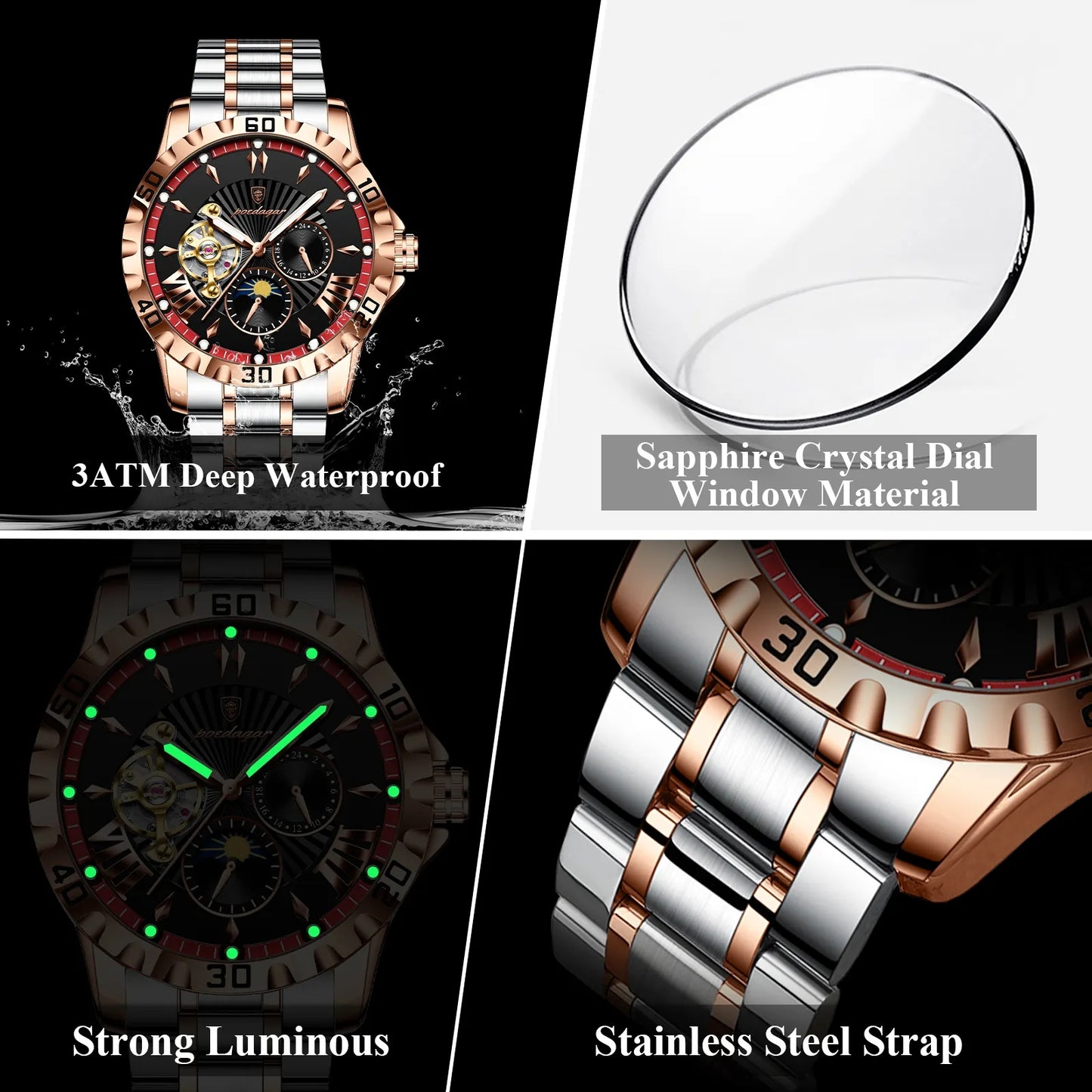 POEDAGAR 1415 Luxury Men Hollow Out Tourbillon Automatic Mechanical Waterproof Luminous Stainless Steel Watches For Men's
