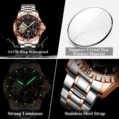 POEDAGAR 1415 Luxury Men Hollow Out Tourbillon Automatic Mechanical Waterproof Luminous Stainless Steel Watches For Men's