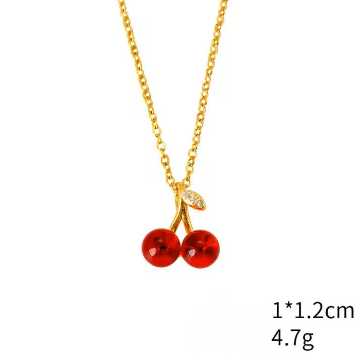 Gold Plated Stainless Steel Necklaces Zircons Red Cherry Pendant Necklace