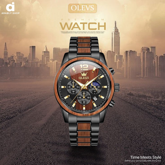 OLEVS 3645 Chronograph Luminous Hands Waterproof Stainless Textured Solid Wood Watch  for Men's