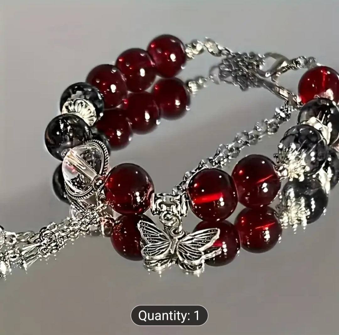 Blue, Clear, Crystal, and Pink, and Read, Black, Bracelet with Butterfly Charm