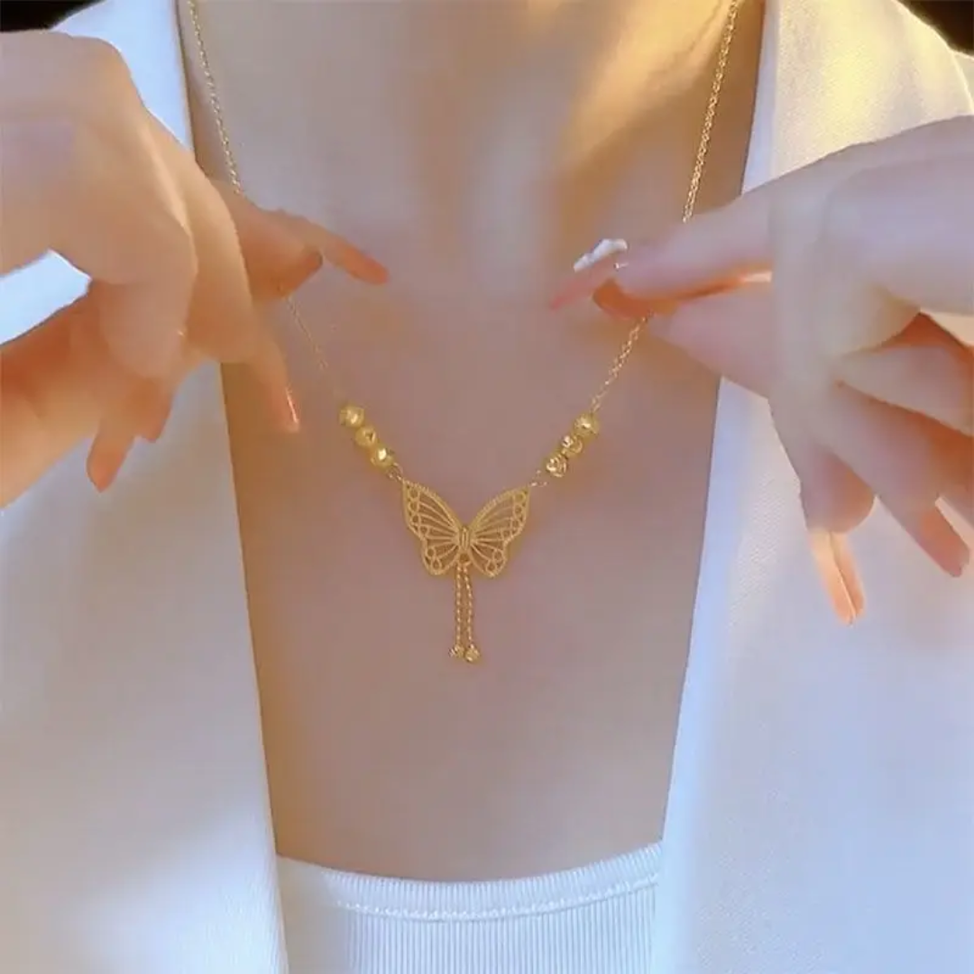 New Tassel Beads Butterfly Necklace Women's Light Luxury Simple All-match Elegant Hollow Necklace